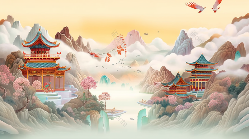 国潮风黄鹤楼地标建筑山水林木和比翼双飞鸟插画,插画/手绘图,插画/手绘图库,插画/手绘图下载,插画/手绘